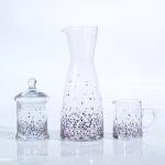 clear glass decanter set with colorful decal